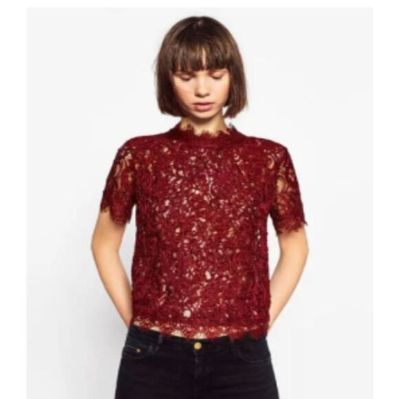 Zara Wine Lace Mock Neck Top - Picture 3 of 9